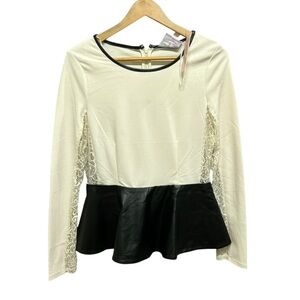 Romeo & Juliet Cream Black Faux Leather Peplum Blouse Size S  NWT